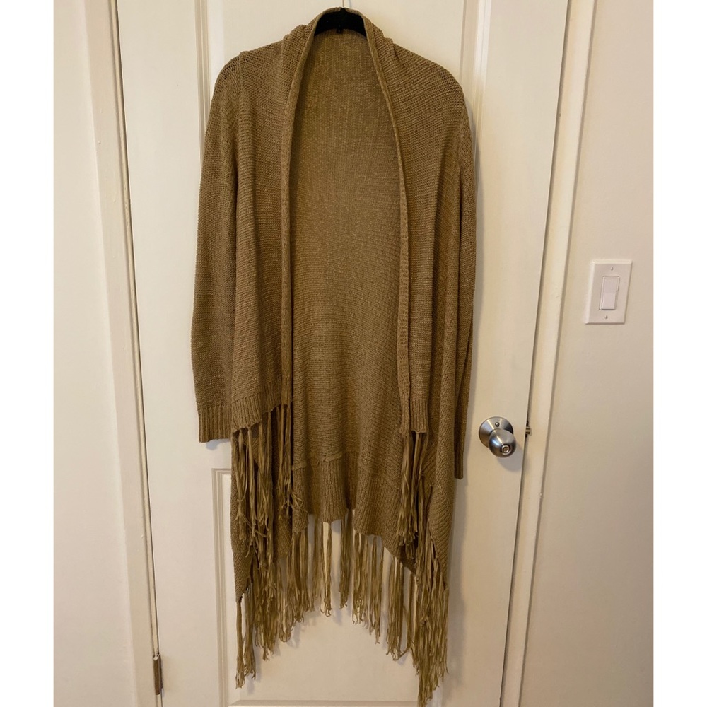 Tan Woven Open Front Cardigan w/ Fringe